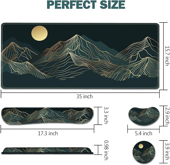 AIMSA Keyboard &amp Mouse Pad Set Extended Desk Mat + Ergonomic Mouse &amp Keyboard Wrist Rest Support 35x15.7in Abstract Gold Sun Mountain