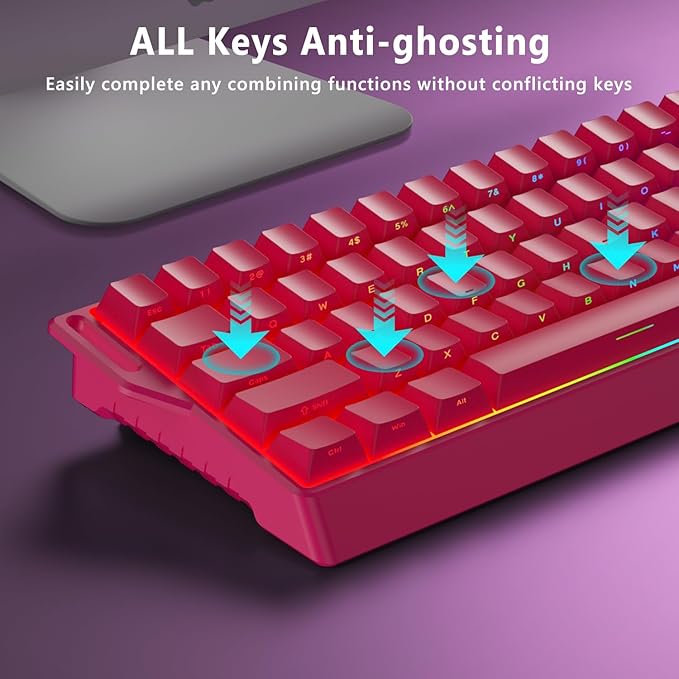BlueFinger 60% Wireless Mechanical Gaming Keyboard Bluetooth/2.4G/USB-C Hot Swappable RGB Backlit Keyboard with Side-Printed PBT Keycaps for MAC Xbox PC PS5 Pink
