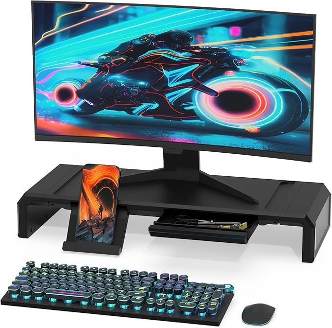 Heymaster Monitor Stand Riser Foldable Computer Monitor Riser Adjustable Length Computer Stand Desk Shelf Riser with Storage Drawer &ampTablet Phone Stand for Desktop Laptop