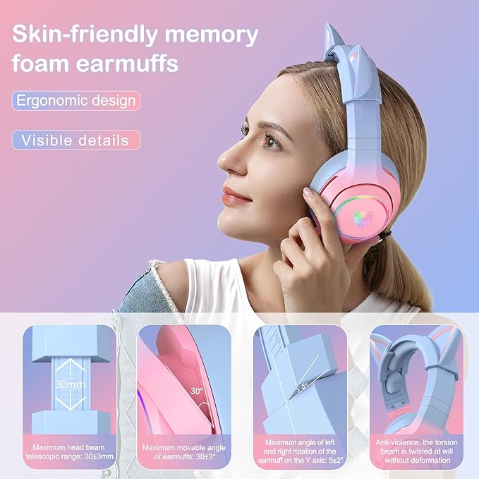 PHNIXGAM Gaming Headset for PS4 PS5 Cat Ear Headphones with Retractable Microphone RGB Backlight Surround Sound for PC Mobile Phone Gradient Pink Blue