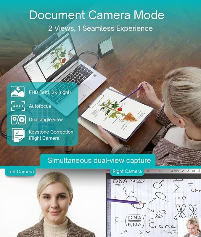 AVerMedia PW313D DualCam 2K Document Camera and Webcam for PC/Mac/Laptop Autofocus AI Noise Reduction Online Teaching Works with Zoom/Teams/Google Meet Includes Tripod TAA/NDAA Compliant