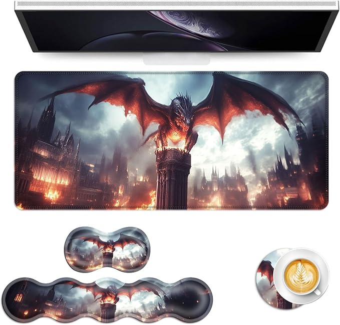 Keyboard Mouse Pad Set Extended Gaming Mouse Pad+Ergonomics Keyboard Wrist Rest Support Memory Foam Easy Typing Pain Relief 4Pcs XL Ultra Thick Desk MatDragon Over Burning Castle