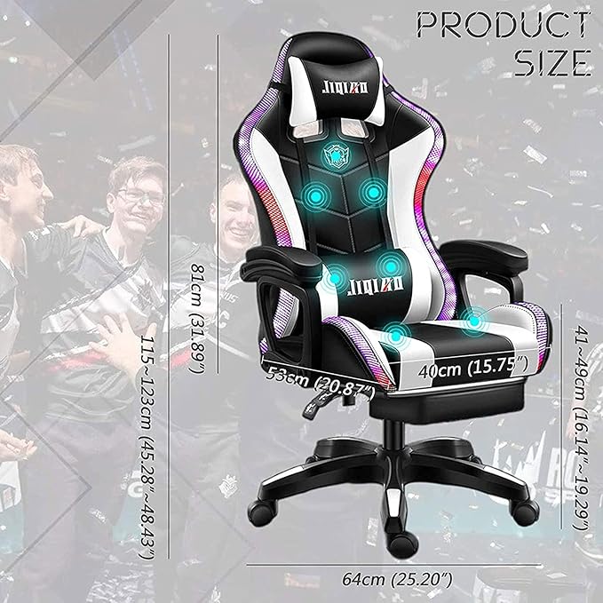 Gaming Chair with LED Light/Pro Gaming Chair with Bluetooth Speakers Full Massager Lumbar Support and Bluetooth Speaker Video Gaming Chairs LED Lights Load-Bearing 150KGWhite