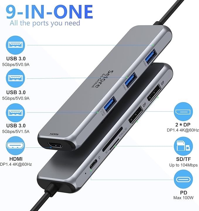 Docking Station Dual DisplayPort Selore USB c hub with 2 displayport HDMI 3*USB 3.0100W PDSD &amp TF Slot 9 in 1 2 dp Multiport Adapter for MacBook/Dell XPS/HP/Lenovo/Microsoft Surface