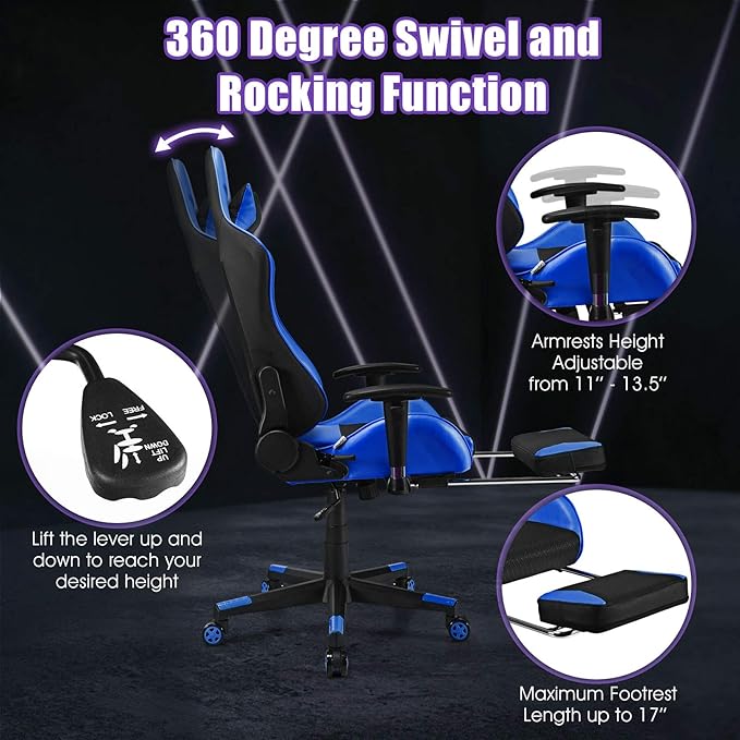 Giantex Massage Gaming Chair Ergonomic Video Game Chair with Footrest High Back E-Sport Computer Chair with Headrest &amp Massager Lumbar Support PU Leather Gaming Seat (Blue)