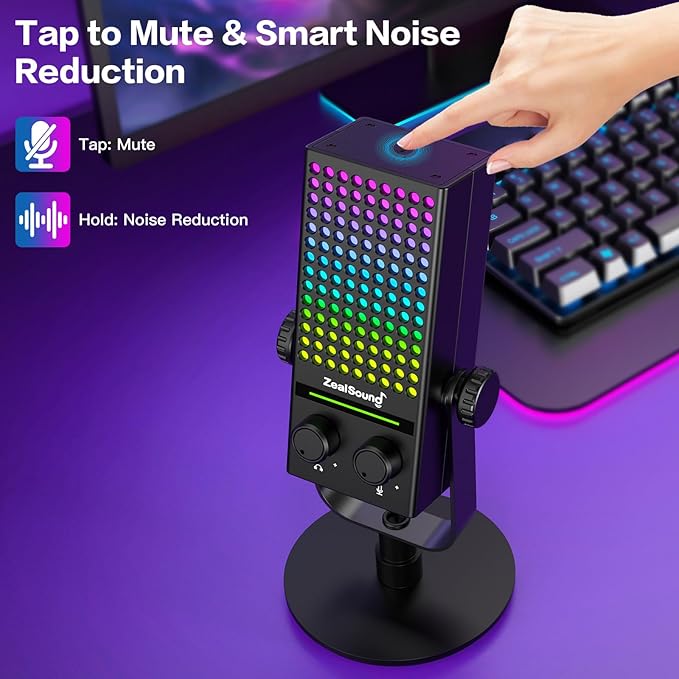 ZealSound Gaming Microphone for Xbox PC &amp Mac Noise Cancellation Streaming Mic with One Tap Mute RGB Lighting Monitoring Gain Control Condenser Mic for iPhone Computer Podcast Gamer YouT