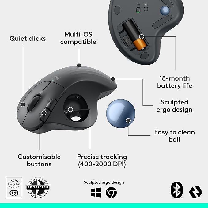 Logitech Ergo M575S Wireless Trackball Mouse Wireless Ergonomic Mouse with Bluetooth and Encrypted Dongle Comfortable Thumb Control Precise and Smooth Tracking for PC/Mac - Graphite Blue Ball
