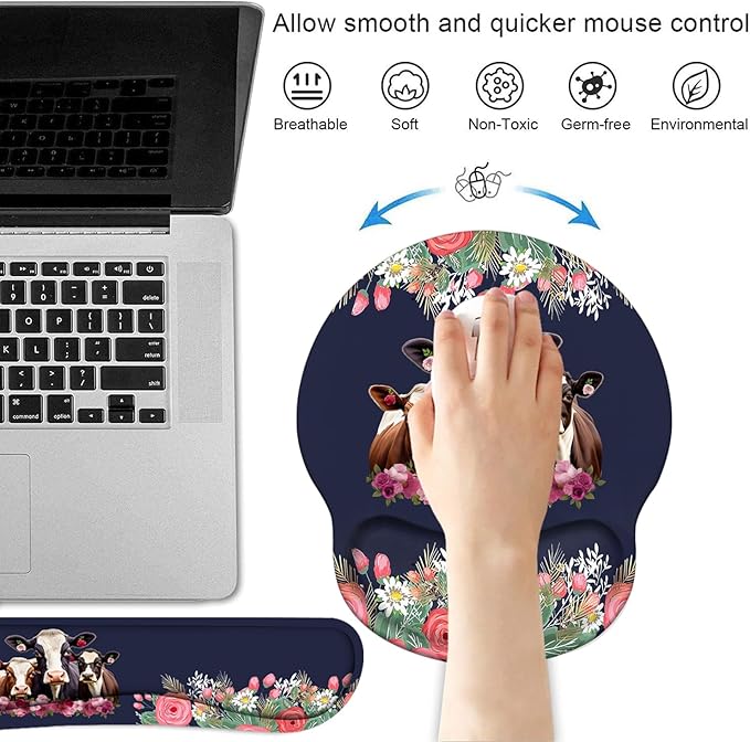 Keyboard Wrist Rest and Mouse Pad Wrist Support Set Non-Slip PU Base Ergonomic Gaming Mousepad for Home Office Working Studying Easy Typing &amp Pain Relief - Floral Quote Funny Cows Combination