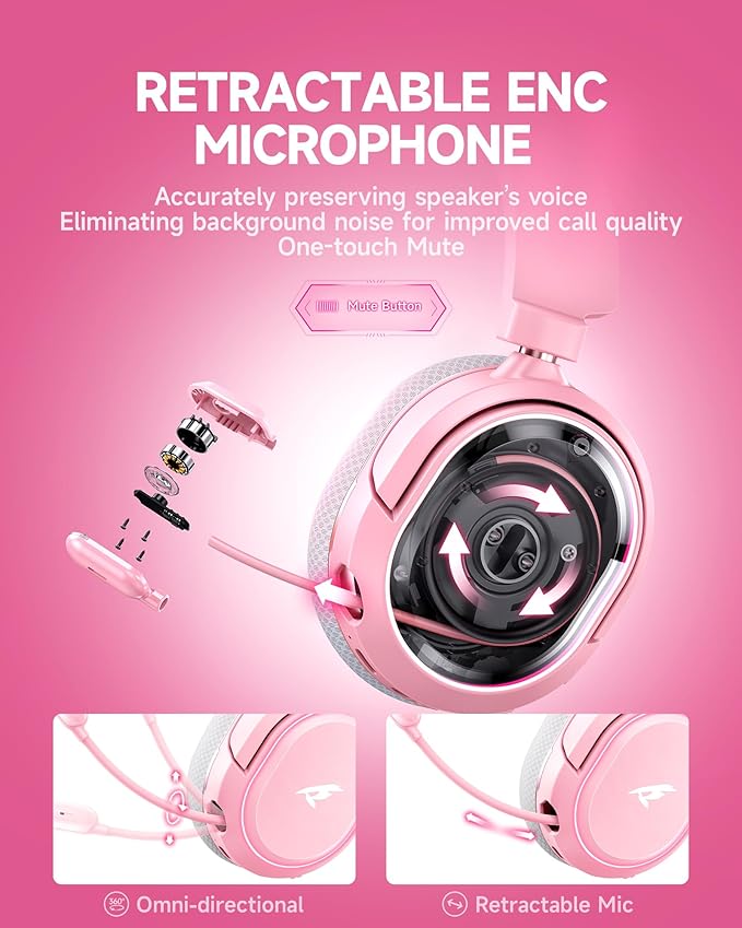 Wireless Gaming Headset 7.1 Surround Sound 2.4GHz USB Gaming Headphones with Bluetooth 5.4 100H Battery ENC Noise Canceling Mic RGB Light Wireless Headset for PC PS5 PS4 Mac Switch (Gray-Pink)