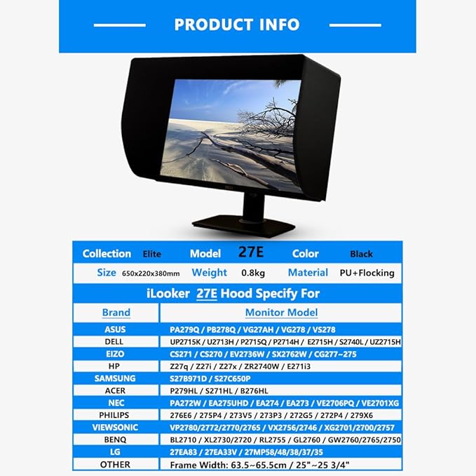 27E 27 inch LCD LED Video Monitor Hood Sunshade Sunhood for Dell HP Viewsonic Philips Samsung LG EIZO NEC ASUS ACER BENQ AOC Lenovo and Fits Monitor Frame Width 635-655mm