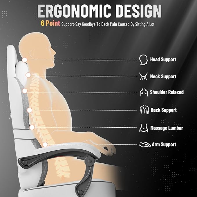 Ferghana Breathable Fabric Ergonomic Gaming Chair with Footrest and Linkage Armrest High Back Computer Game Chair with Massage Lumbar Support for Adult(White)