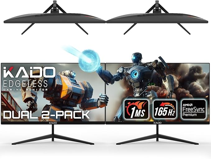 Kado Dual Gaming Monitor Setup - 2-Pack 27 165Hz 1ms 1920x1080 Flat Screen Computer Monitor Parallel Gaming AMD FreeSync Premium Panoramic VESA Mount HDMI DisplayPort Built-in Speakers
