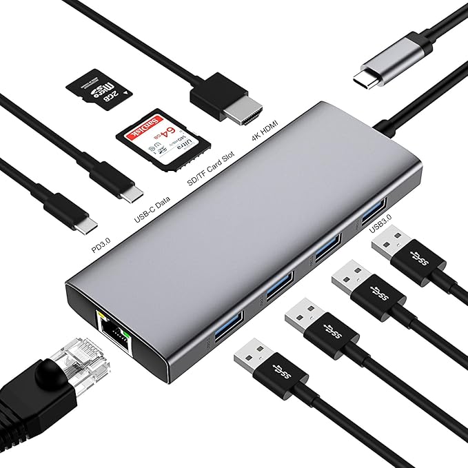 USB C HUB Dongle 10-in-1 USB C Adapter Docking Station with 4K HDMI Type C PD USB C Data USB3.0 RJ45 Ethernet SD/TF Card Reader Other Type C Latops Devices