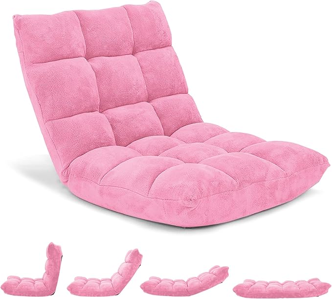 Byroce Folding Floor Gaming Chair 14-Position Adjustable Lazy Padded Sleeper Sofa Bed with Back Support Couch Recliner Floor Chair for Meditation Reading in Bedroom Living Room (Pink)