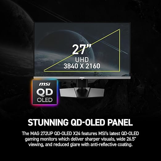 msi MAG 272UP QD-OLED X24 26.5-inch 3840 x 2160 (UHD) Gaming Monitor 240Hz AMD Adaptive-Sync HDR Ready HDMI VGA Port VESA Mountable Tilt 4-Side Slim Bezel 0.03ms Black