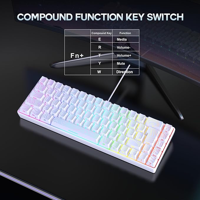 Snpurdiri 65% Wired Gaming Keyboard 68 Keys RGB Backlit Ultra-Compact Small Gaming Keyboard for PC/Mac Gamer Typist Travel Easy to Carry on Business Trip White
