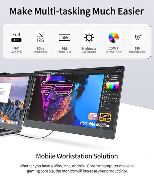 14.1'' Laptop Screen Extender 1080P FHD IPS Portable Dual Monitor for Laptop USB C HDMI Plug-Play Monitor Extender for Triple Display for MacOS/Windows Fits 13-17.3 Laptops