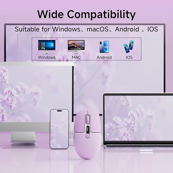 EWEADN Q1 Wireless Mouse BT &amp 2.4G Silent Mouse Quiet Click with 1600 DPI Levels Battery &amp DPI LED Screen Display 6 Button Small Portable Bluetooth Mouse for Laptop/PC/Mac-Purple
