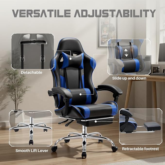 edx Ergonomic Gaming Chair PU Leather Office Computer Chair with Footrest Headrest Linkage Armrests Height Adjustable 360° Swivel Reclining (Blue)