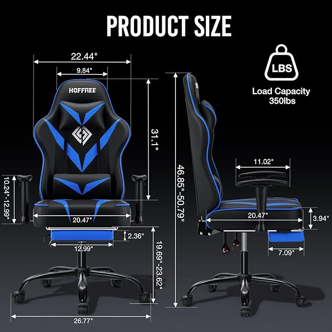 Gaming Chair with Massage Pocket Spring Cushion 155° Reclining Gaming Chair with Footrest and Adjustable Armrests Ergonomic Video Game Chairs Blue and Black