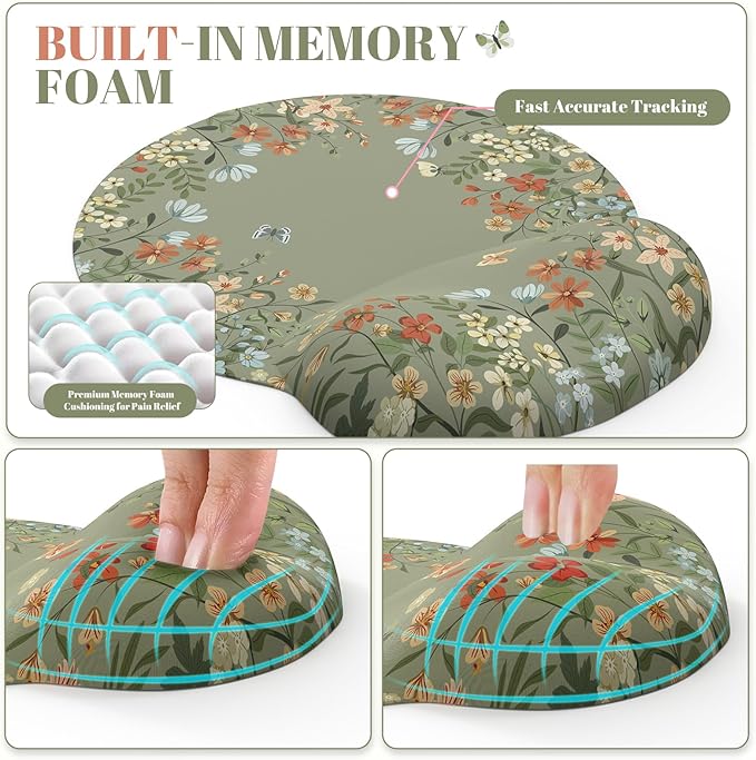 iCasso Desk Mat SetLarge Mouse Pad with Wrist RestErgonomic Keyboard Wrist Support for WomenGirly Floral Computer Mat with Scalloped EdgesNon-Slip Desk Pad Home Office Gaming (Green)