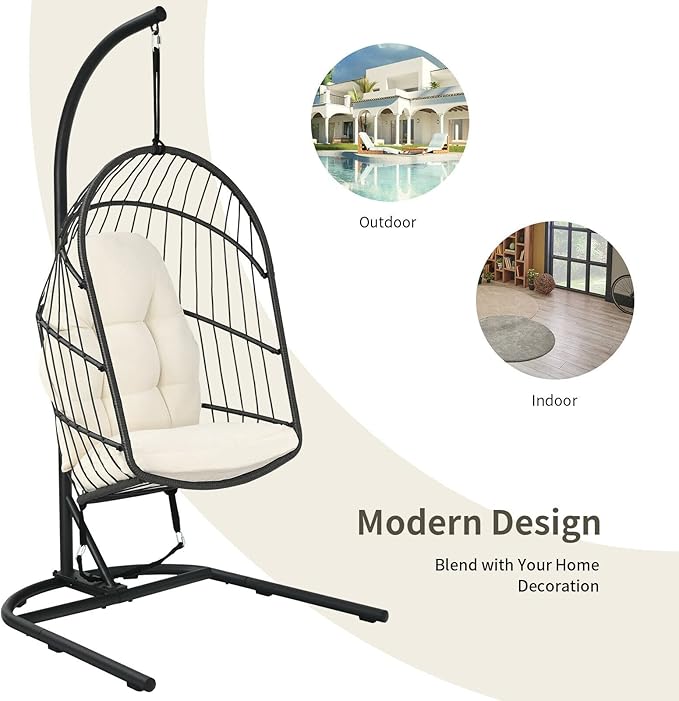 Office Chair Gaming Chair Computer Chair Hanging Wicker Egg Chair w/Stand Cushion Foldable Outdoor Indoor Beige