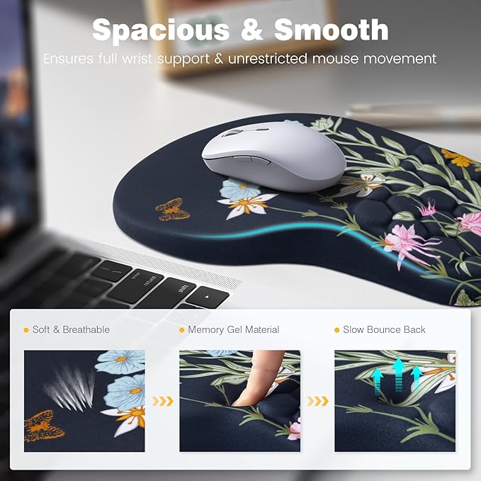 Ospelelf Ergonomic Mouse Pad and Keyboard Stand Wrist Rest Set Memory Foam Comfort Pain Relief for Typing Office Desk Accessories Moonlit Blossoms
