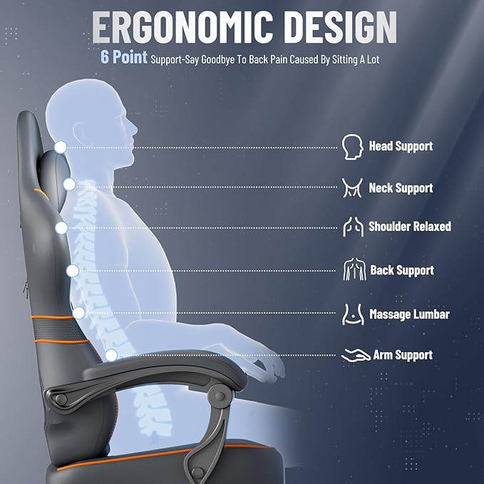 Ferghana Gaming Chair Leather Comfortable Computer Chair with Footrest and Linkage Armrest Ergonomic High Back Game Chair with Massage Lumbar Support for Adult Grey