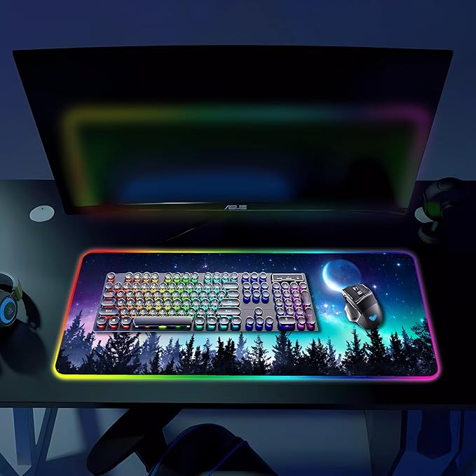 RGB Gaming Mouse Pad Large Mousepad with Led Light Gaming Accessories Keyboard Pad for Desk Non-Slip Rubber Base Big Mouse Mat for Gamer 31.5 X 11.8 Inch Moon Starry Sky