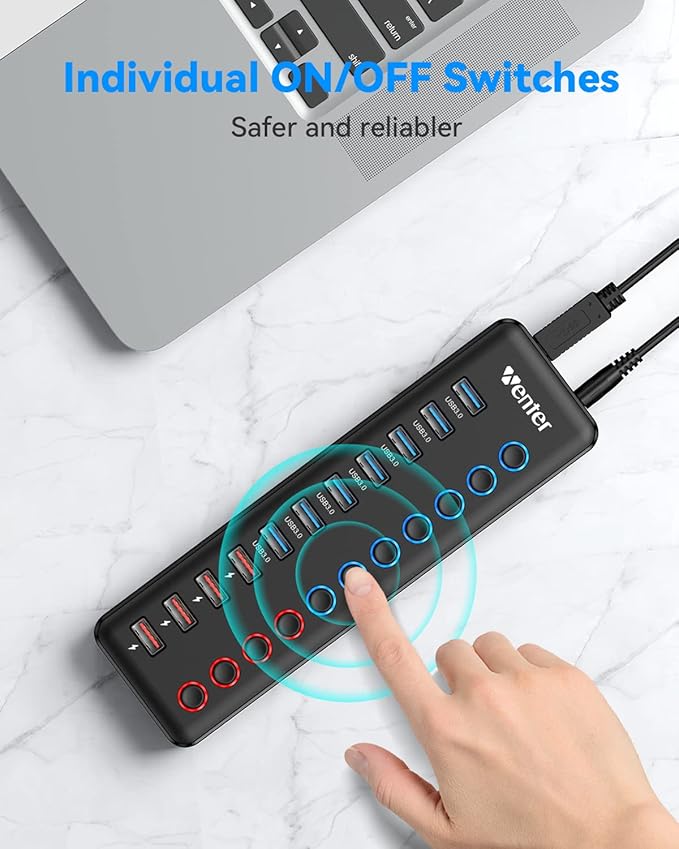 Powered USB 3.0 Hub Wenter 11-Port Hub Splitter (7 Faster Data Transfer Ports+ 4 Smart Charging Ports) with Individual LED On/Off Switches Power Adapter for Mac PC