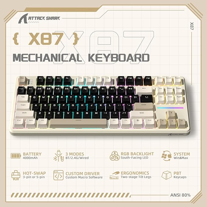 ATTACK SHARK X87 Wireless Mechanical Keyboard87 Keys Compact TKL Gasket Gaming KeyboardHot Swappable Custom Keyboard with Five-Layer PaddingFull RGB2.4G/USB-C/BTPre-lubed Switches (Retro White)
