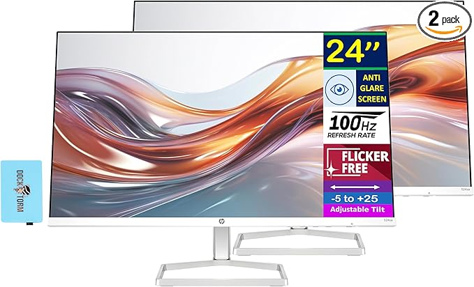 HP Series 5 24 FHD IPS Monitor with Dual Speakers 5ms Response Time Flicker Free Anti-Glare Low Blue Light VGA HDMI &amp Dockztorm USB Port Expander White/Silver Color 2 Pack