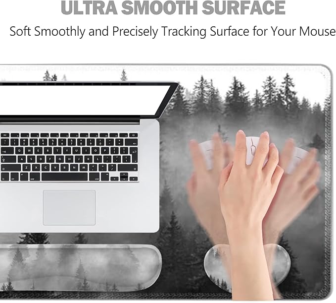 ToLuLu Extended Gaming Mouse Pad Memory Foam Ergonomic Keyboard Mouse Wrist Rest Support Set Large Desk Mat with Stitched Edges Non-Slip Base Mousepad for Home Office Game Study Tree Forests