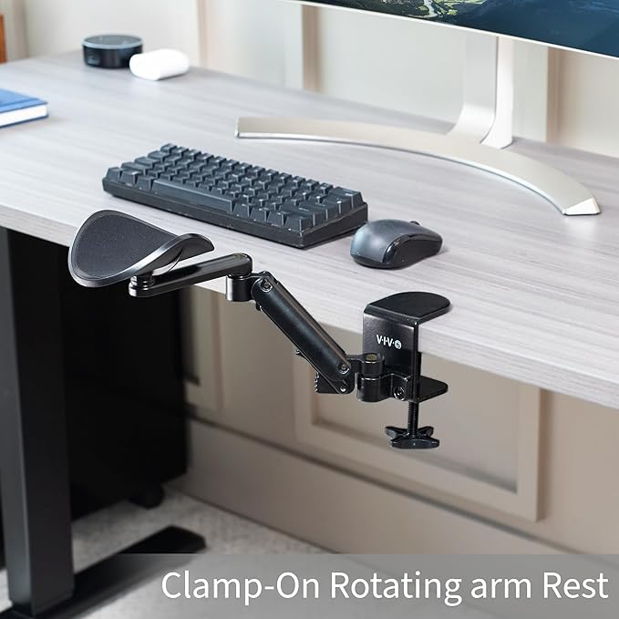 VIVO Universal Clamp-on Adjustable Armrest Desk Cradle Rotating Elbow Cushion Above Table Extension Platform Arm Support Black MOUNT-ARM01