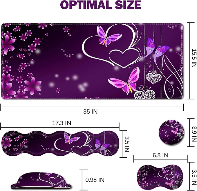 Upgraded Extended Gaming Mouse Pad Keyboard Wrist Rest Pad Wrist Support Mousepad Set Artso Large Rubber Base Stitched Edges Multifunctional Desk Pad (35 x15.5 in) Purple Heart Butterfly