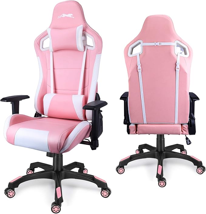 Leopard Gaming Chair High Back PU Leather Office Chair Adjustable Video Gaming Chairs Swivel Racing Chair with Adjustable Armrest (White/Pink)
