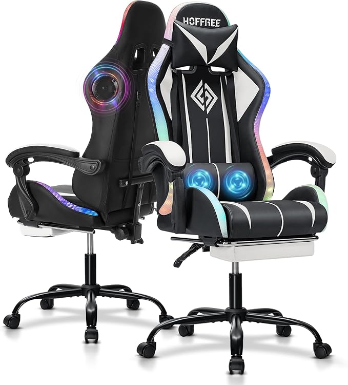 Gaming Chair with Speakers and Lights Ergonomic Computer Gaming Chair with Footrest LED RGB Lights Massage High Back Music Video Game Chair with Lumbar Support White and Black