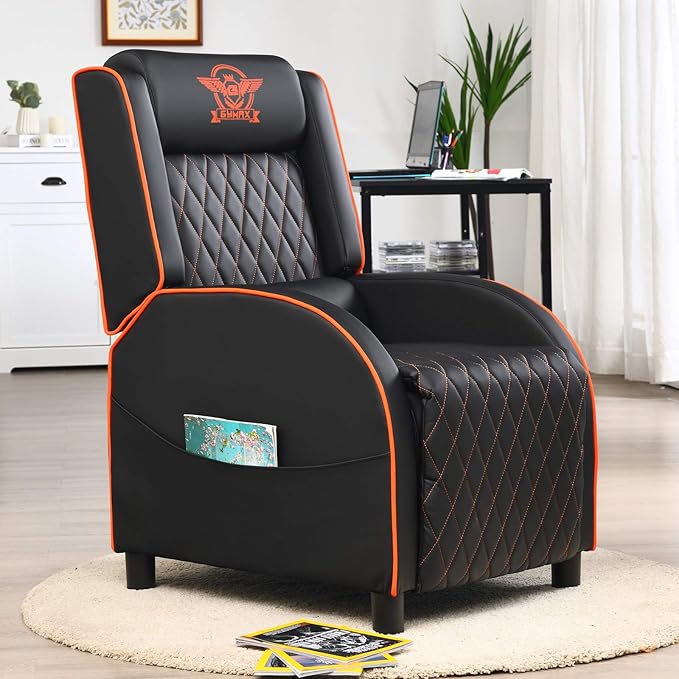POWERSTONE Gaming Chair Recliner with Footrest Breathable PU Leather Massage Recliner - Ergonomic Sofa Computer Chair with Lumbar Support Headrest and Side Pouch for Living Room Home TheaterOrange
