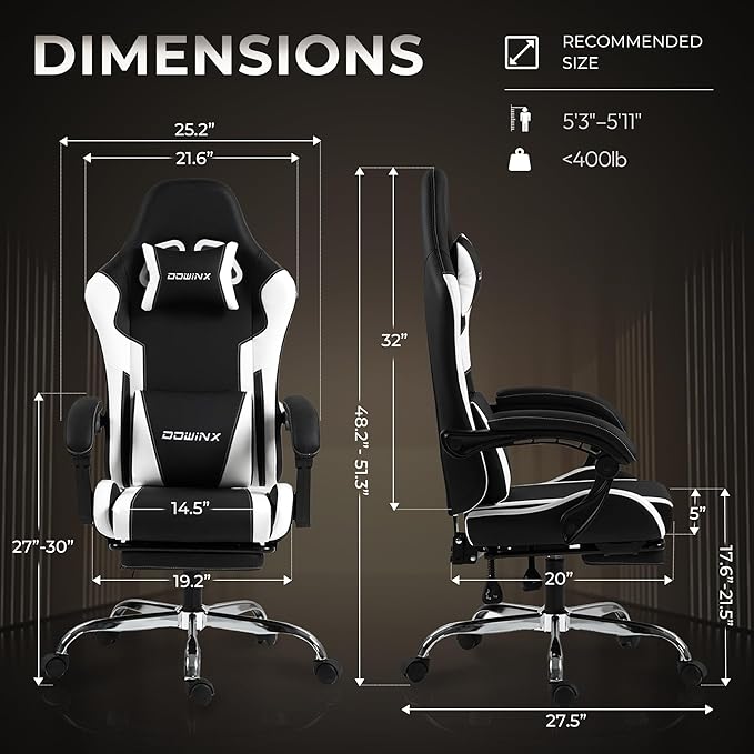 Dowinx Ergonomic Gaming Chair with Footrest Heavy Duty 330lbs Office Chair Massage Lumbar Support Adjustable Height &amp Headrest Pillow Comfortable for Back Pain Relief Streaming Long Gaming Whi