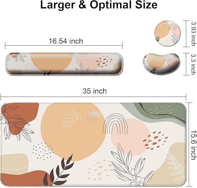 Keyboard Wrist Rest + Mouse Pad with Wrist Support + Desk Mat + Coaster 4 in 1 Set XXL Large Gaming Mousepad Cute Ergonomic Mouse Pads for Desk Computer Laptop Office Decor-Boho Leaves