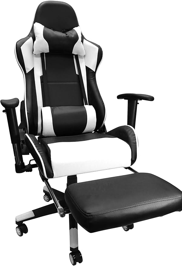 Nicer Furniture Racing Style Game Chair Reclining Gaming Chair Ergonomic Computer Chair for Gamer with Head Cushion Adjustable Armrest and Footrest (White)