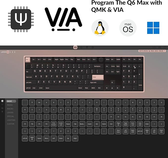 Keychron Q6 Max QMK/VIA Bluetooth Wireless /2.4 GHz/USB-C Wired Custom Mechanical Keyboard Full Size Programmable Knob RGB Backlit Hot-Swappable Gateron Red Switch for Mac Windows Linux - Black