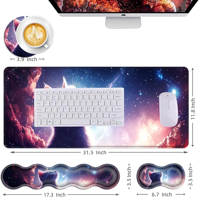 Mouse PadLarge Desk Mat Set 4in1 XL Mousepad + Keyboard Wrist Rest+Mouse Wrist Rest+Coaster with Ergonomic Desk Pad for Home Office Table Computer Cover -Cat Looking at Starry Sky