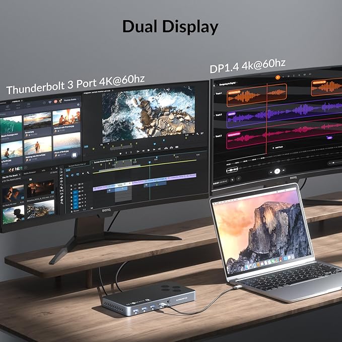 10 in 1 Docking Station with Thunderbolt 3 Port 2X USB 3.1 Gen1 2X USB 3.1 Gen2 PD 60W 8K@60Hz DP 3.5 Audio/Mic Ethernet 120W DC in NVMe and SATA M.2 SSD Enclosure