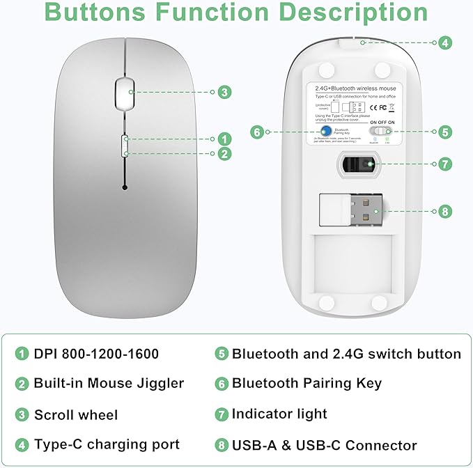 Wireless Mouse for Laptop/MacBook Air/Pro &amp iPad Mouse Jiggler Mode Bluetooth 5.2/2.4G Rechargeable Silent Click 3-Level DPI Slim Portable USB-A&ampC Receiver (Mouse Jiggler Mode Silver)