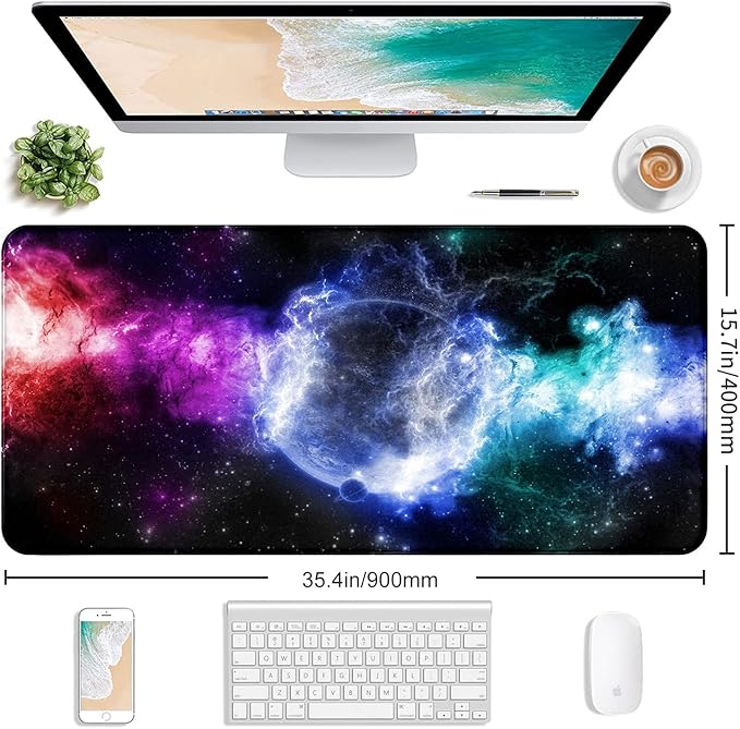 Large Extended Gaming Mouse Pad with Stitched Edges Non-Slip Waterproof Rubber Base Mouse Pad for Office Computer Keyboard Laptop and Home Desk Pad 35.4 x 15.7 x 0.12 Inch (Nebula Starry Sky)