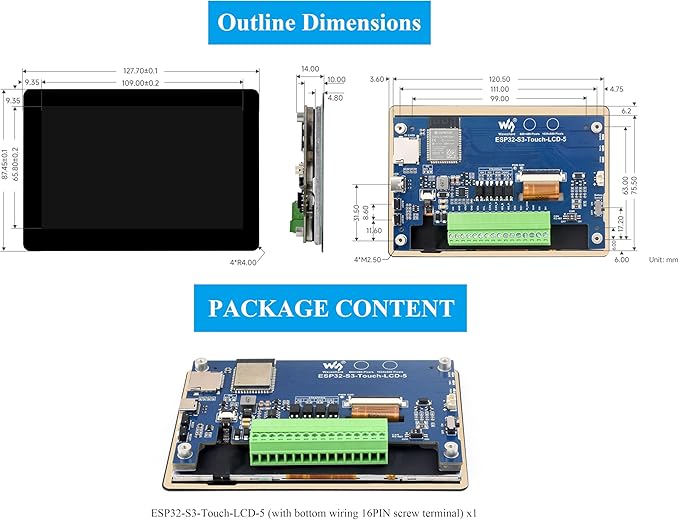ESP32-S3 5inch Capacitive Touch Screen Development Board 5-Point Touch LCD Display 1024 x 600 Pixel 32-Bit LX7 Dual-Core Processor Support W-i-F-i&ampB L E with Onboard Antenna (Upgraded Ver )