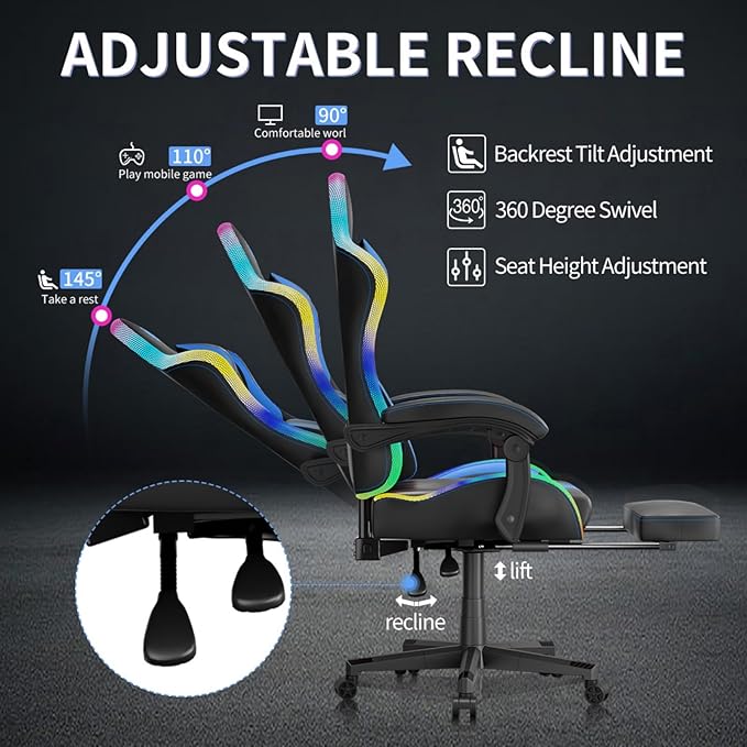 Gaming Chairs for Adults Tall and KidsLumbar SupportLED LightsHigh Back Reclining Computer Chair with Headrest (Black+Blue)