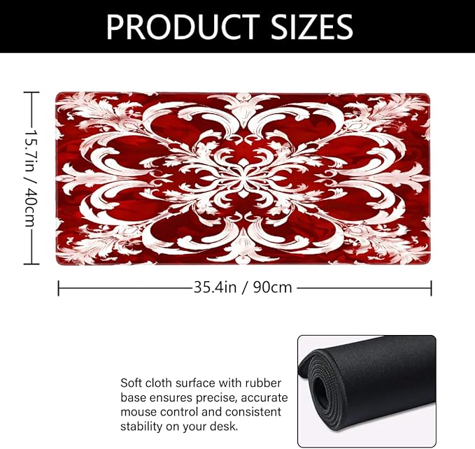 Abstract Red White Flower Large Mouse Pad Gaming Mousepad Desk Mat for Desktop Computer Keyboard Waterproof Mouse Mat Desk Pad with Non-Slip Base for Game School Office Home 35.4 x 15.7