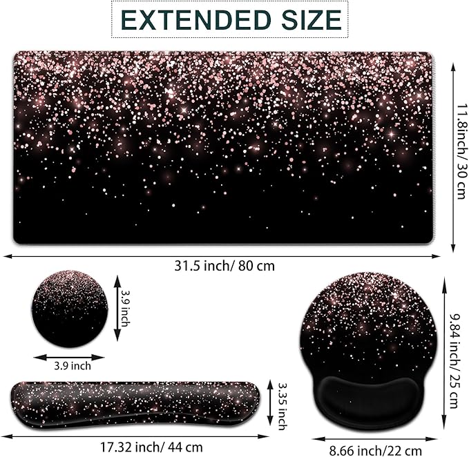 Large Mouse Pad Ergonomic Mouse Pad with Wrist Rest and Keyboard Wrist Rest 4 in 1 Set 31.5 x11.8 inch Extended Desk Pad for Home Office Rose Gold Gradient Gilt Pattern XXL Black Gaming Mouse Mat